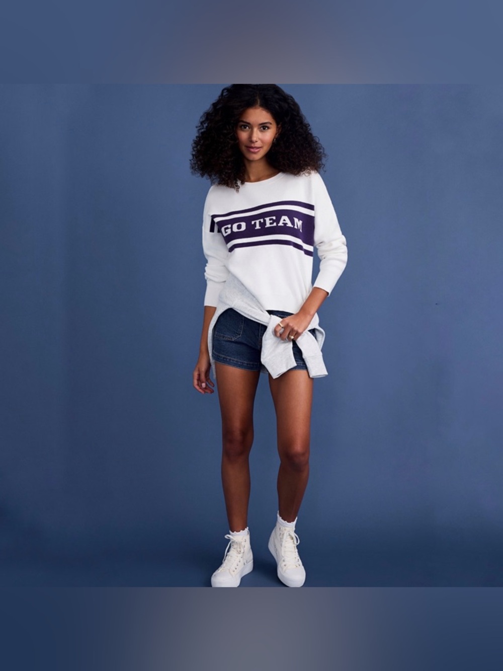 Francesca's Go Team White Sweater with Purple Stripes and Lettering